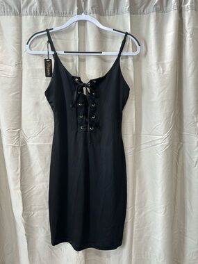 Sleek Black Lace-Up Spaghetti Strap Mini Dress